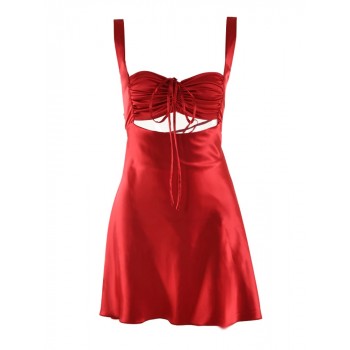  Satin Hollow Out Draw String Chest Wrapping Mini Dress Black Red White